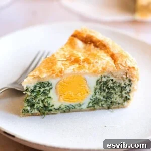 A close-up of a perfectly baked slice of Torta Pasqualina, showcasing its rich filling.