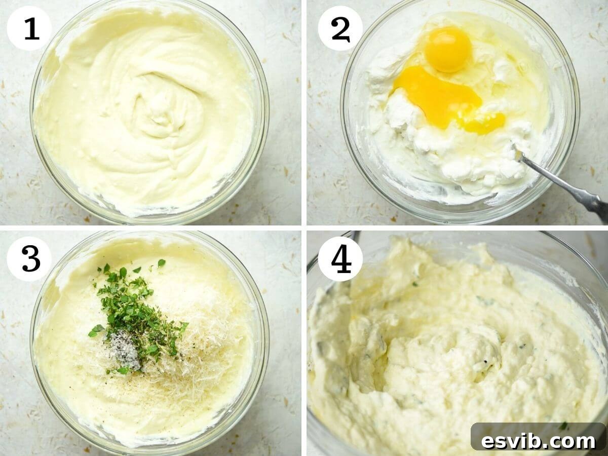 Creamy Baked Ricotta with Thyme and Parmesan 4 Step by step photos showing the process of preparing the baked ricotta mixture in a bowl