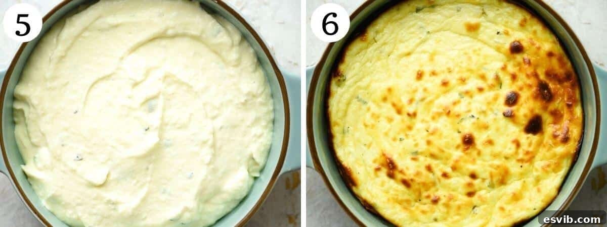 Creamy Baked Ricotta with Thyme and Parmesan 5 Two photos side by side showing the ricotta mixture before baking and after it has puffed up and turned golden