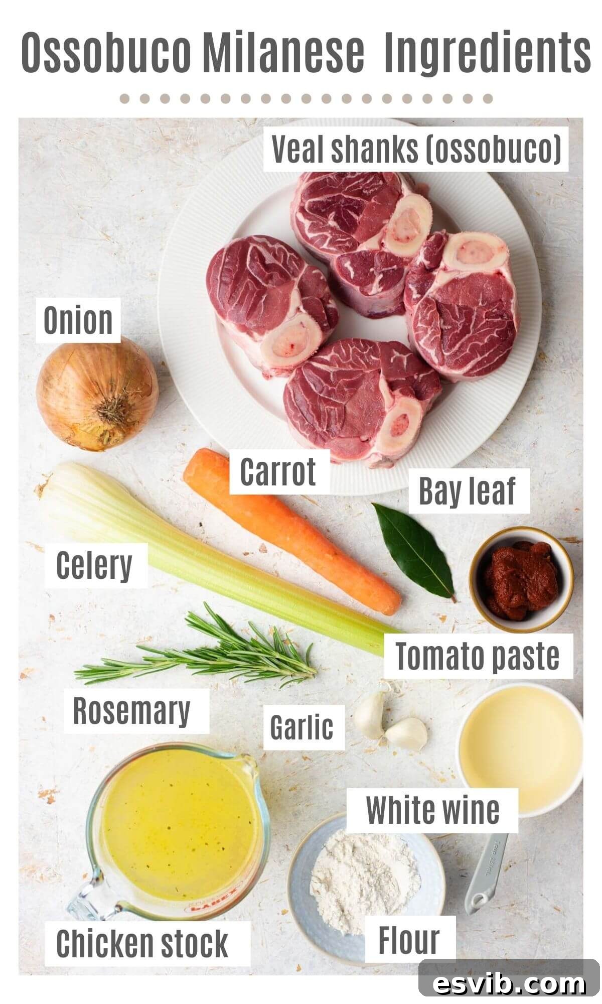 An overhead shot of all the ingredients you need to make Ossobuco Milanese with veal