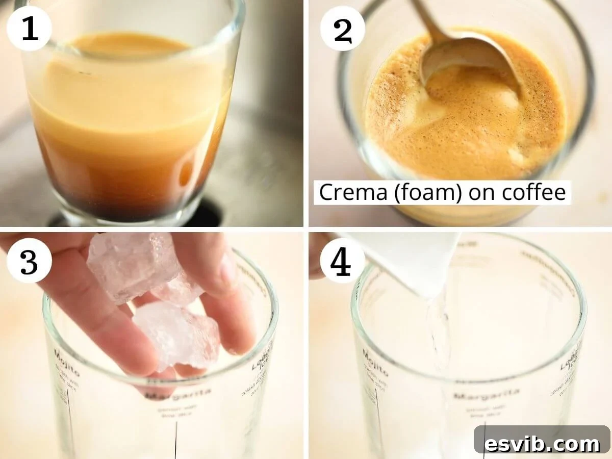 Step-by-step photographs illustrating the process of brewing a strong espresso shot with excellent crema, essential for a perfectly foamy Espresso Martini.
