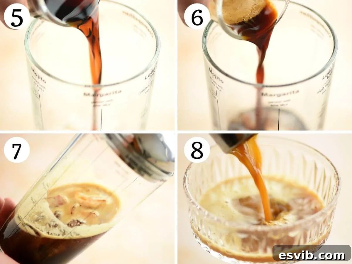 A sequence of step-by-step photos demonstrating how to combine ingredients and vigorously shake them in a cocktail shaker, followed by pouring the frothy Espresso Martini into a glass.