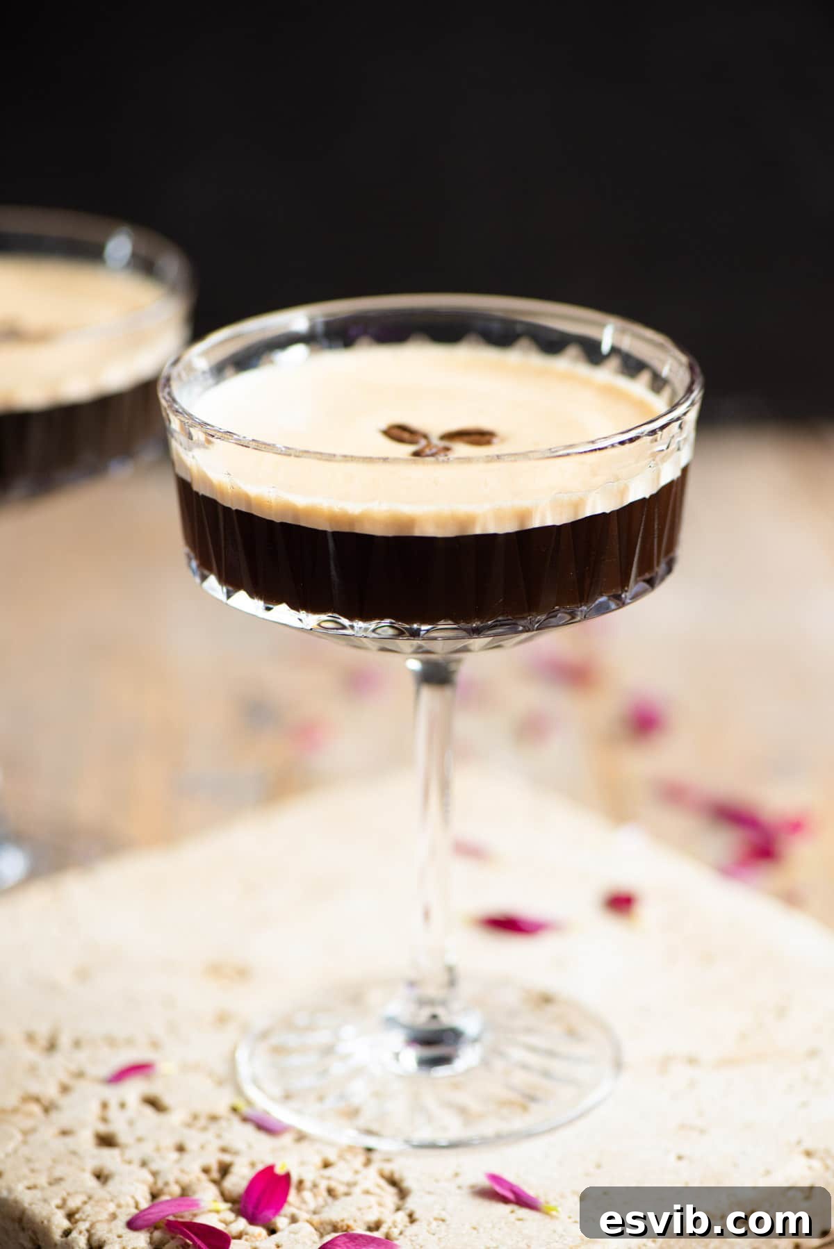 A perfectly made Espresso Martini, presented in a classic cocktail glass, showcasing its dark liquid and a generous layer of creamy foam on top, garnished with coffee beans.