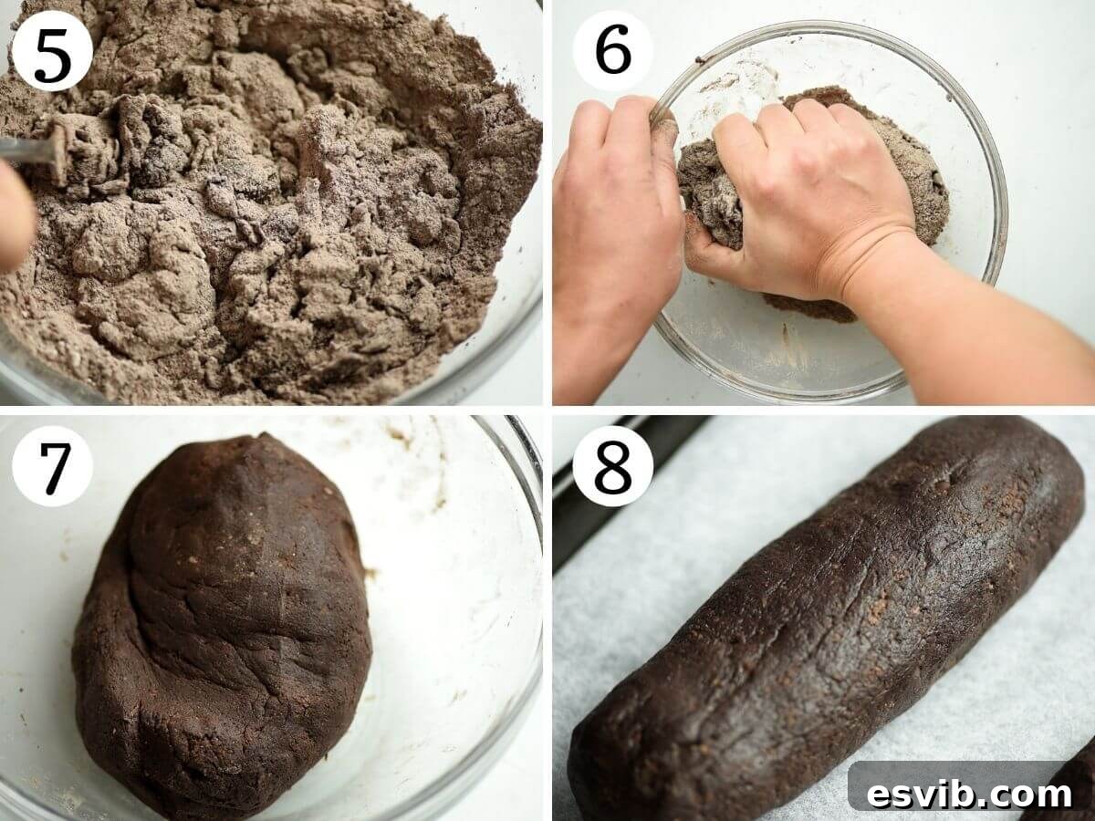 Step by step photos showing how to knead biscotti dough and incorporate chocolate chips
