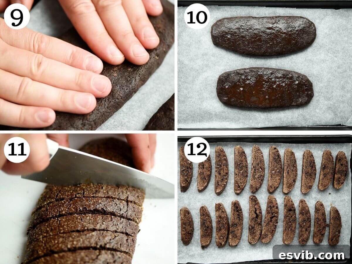 Step by step photos showing how to bake biscotti logs, cool them, and then slice them diagonally for the second bake.