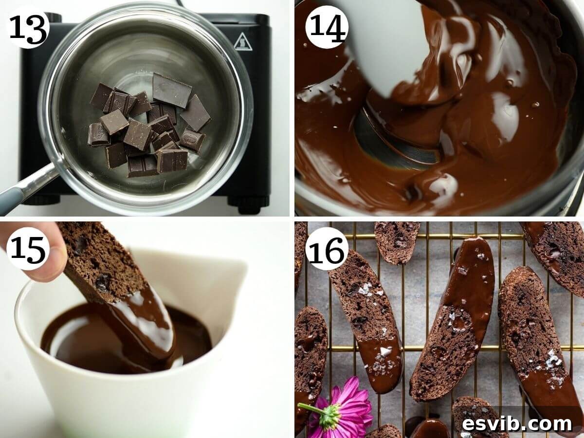 Step by step photos illustrating the process of dipping cooled chocolate biscotti into a bowl of melted chocolate, creating a glossy, rich coating.