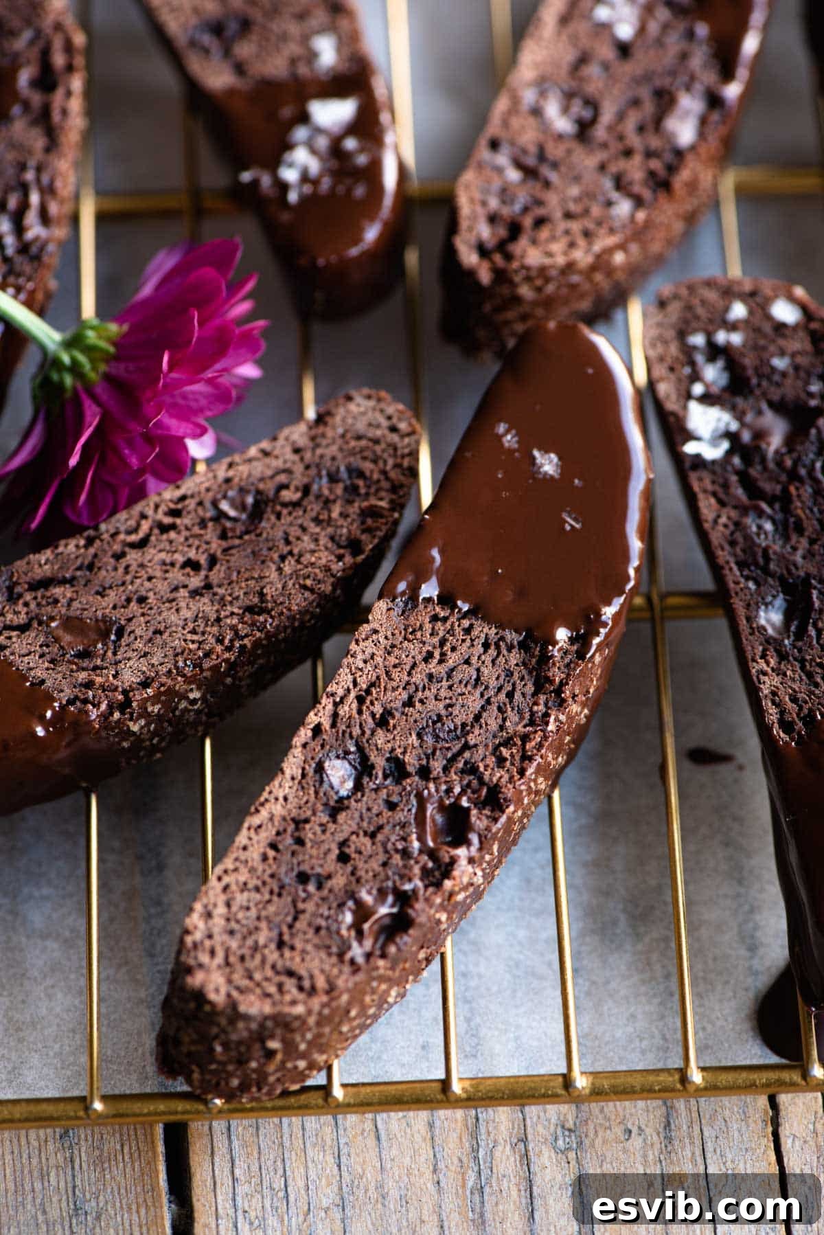 A close up of chocolate biscotti dipped in melted dark chocolate, with a hint of sea salt sprinkled on top, emphasizing its rich texture and appetizing appeal.