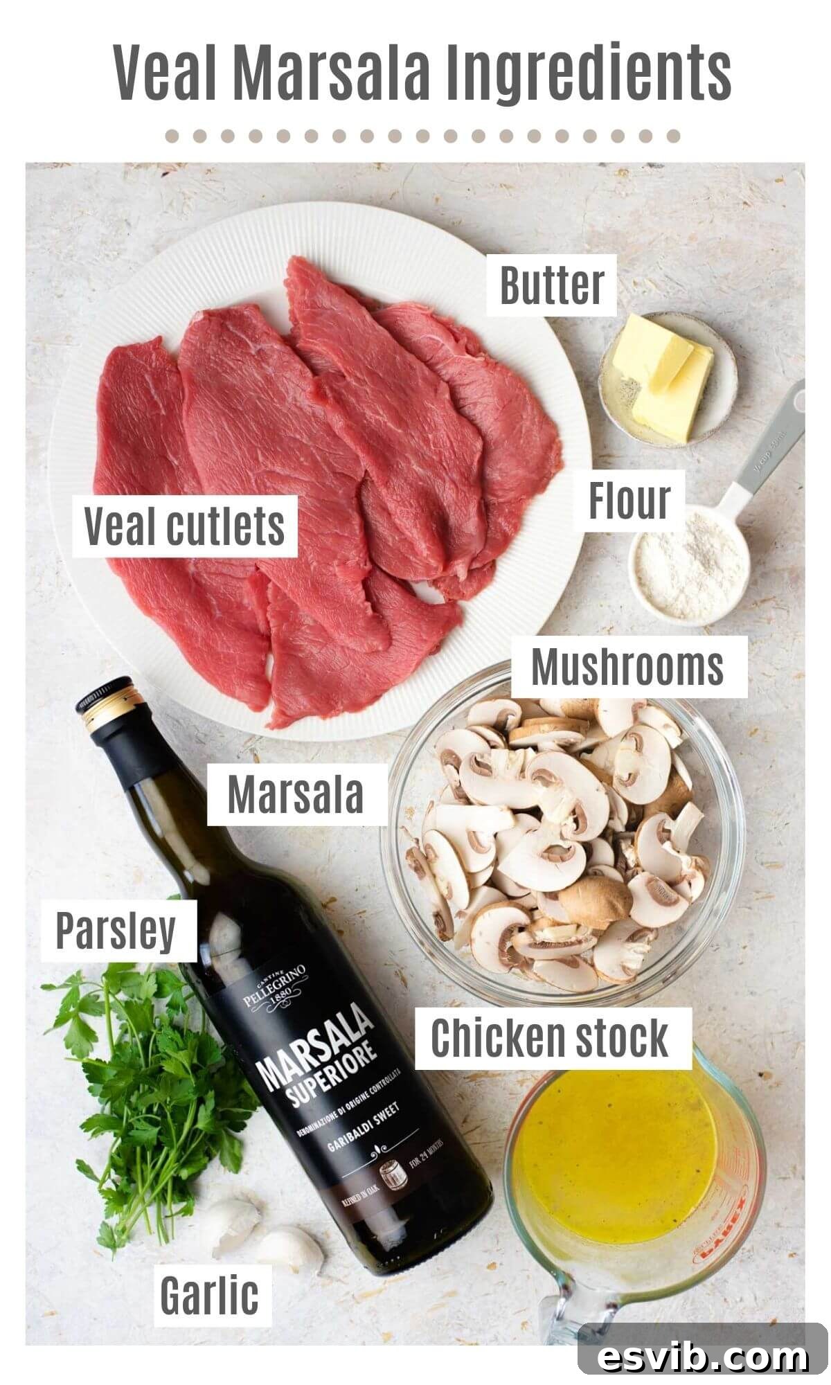 An overhead shot showcasing all the fresh ingredients required to make delicious Veal Marsala