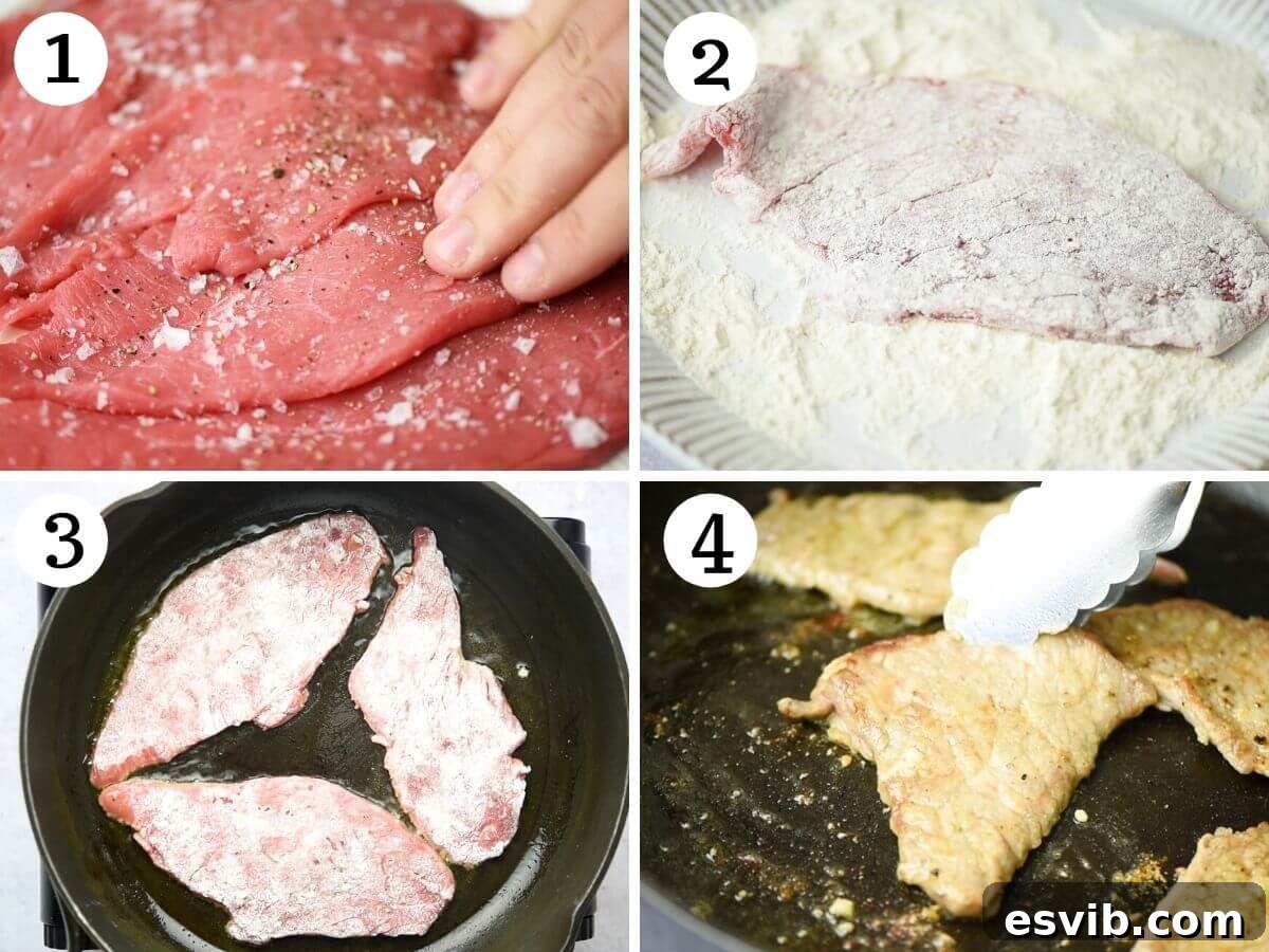 Step by step photos showing how to dredge veal in flour and brown it in a skillet