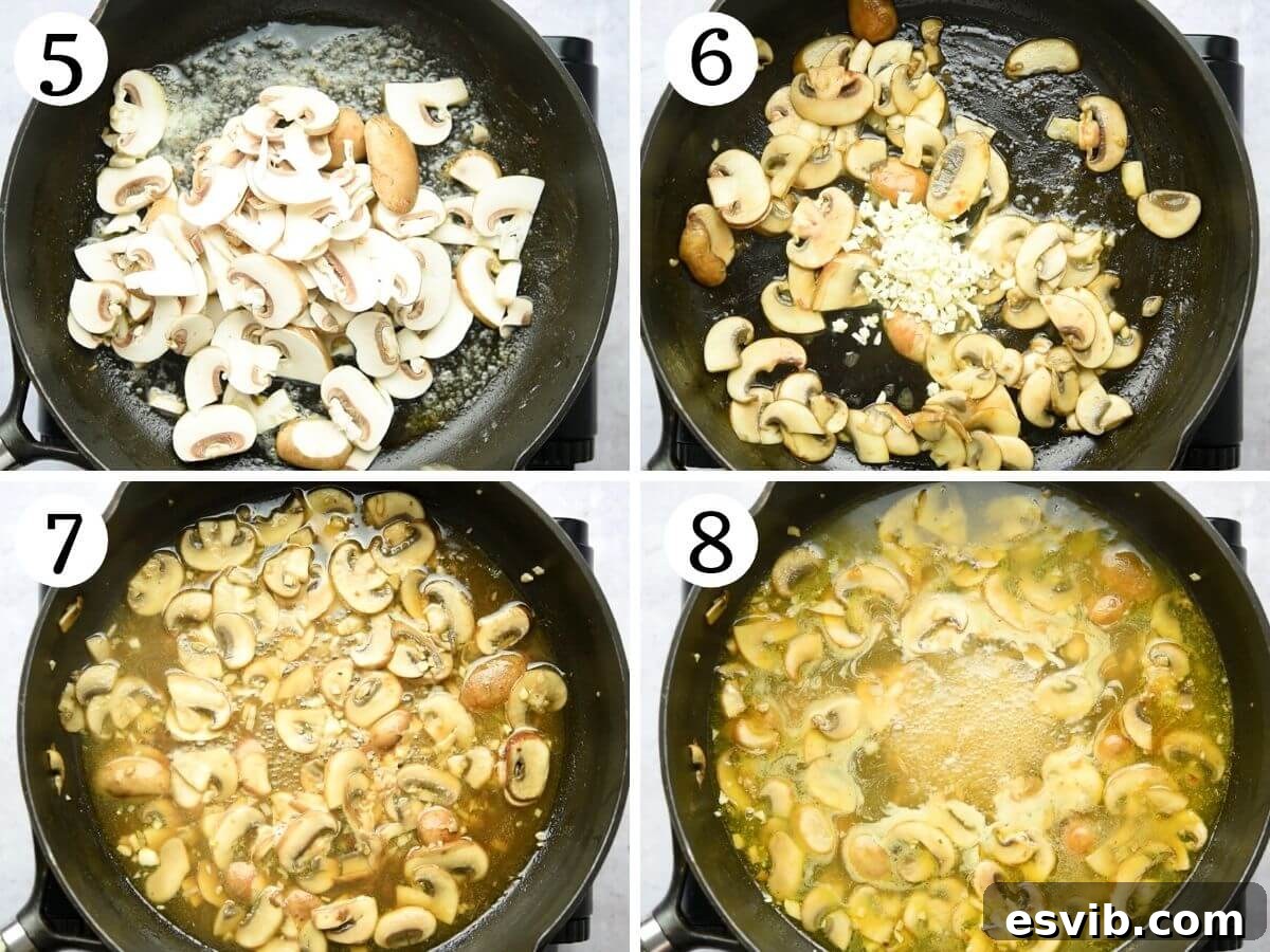 Step by step photos illustrating the process of making Veal Marsala sauce with sautéed mushrooms and garlic