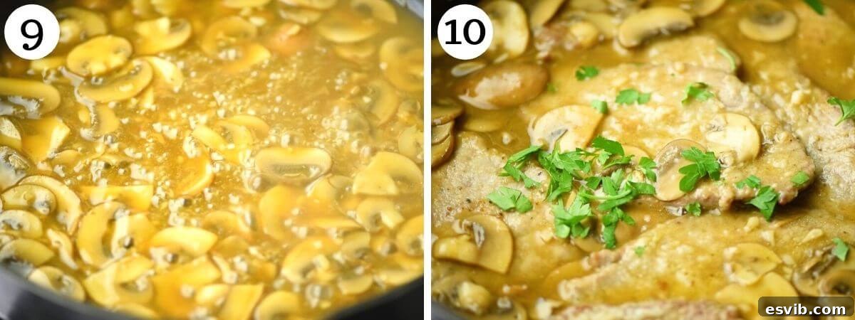 Two photos demonstrating how to thicken the rich Marsala wine sauce for Veal Marsala, showing sauce reduction