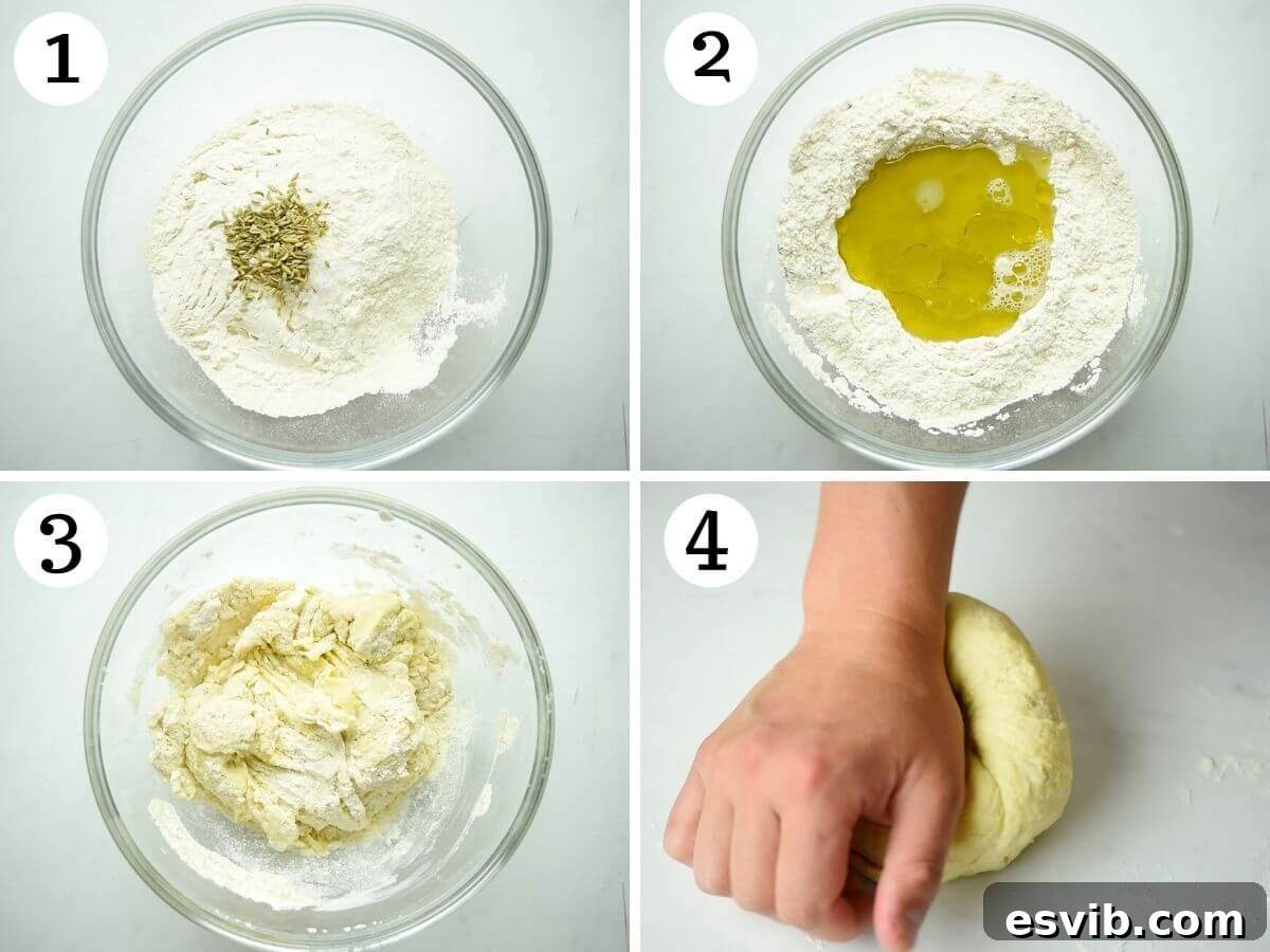 Puglian Taralli Italy's Crunchy Snack Rings 4 Step-by-step photos illustrating the process of mixing dry and wet ingredients and forming the initial Taralli dough