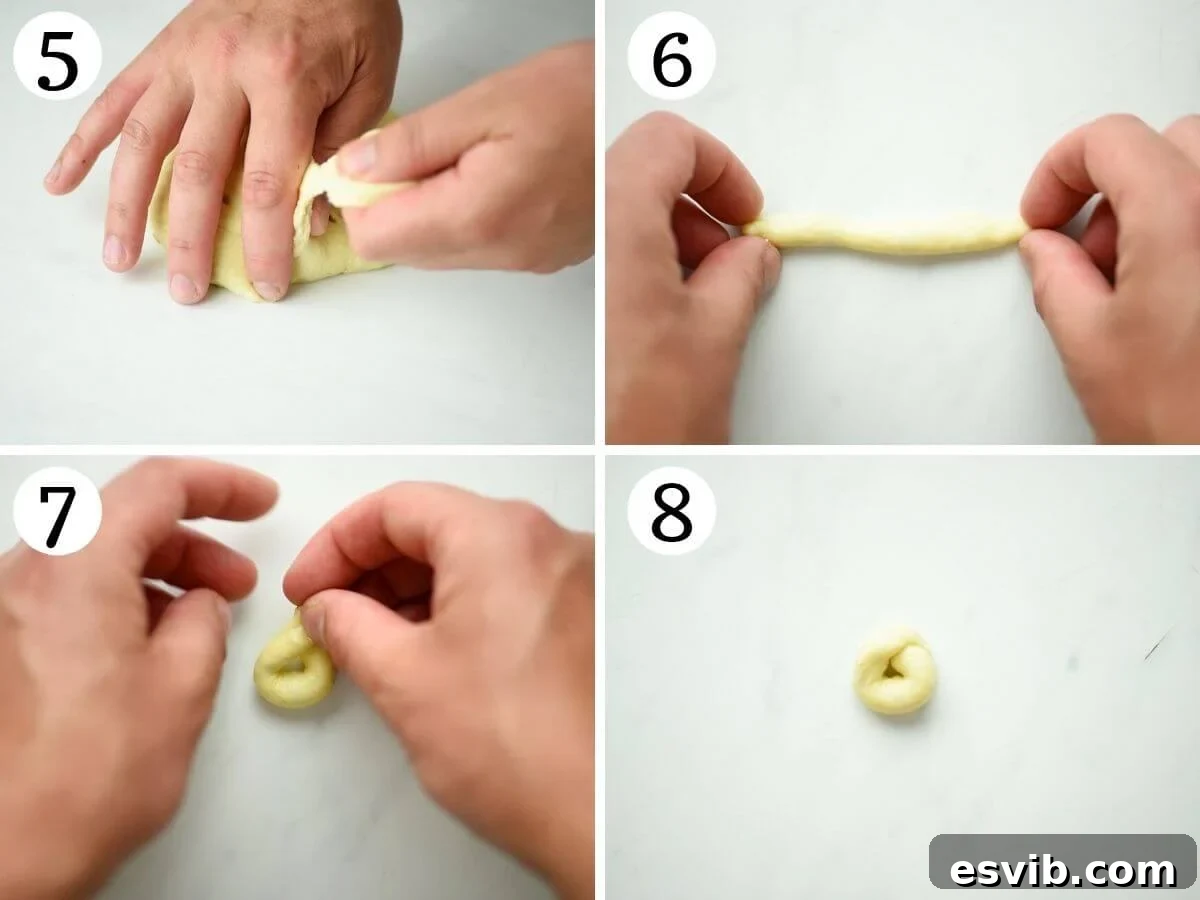 Puglian Taralli Italy's Crunchy Snack Rings 5 Step-by-step photos demonstrating how to roll the dough into ropes and meticulously shape them into small ring-like forms