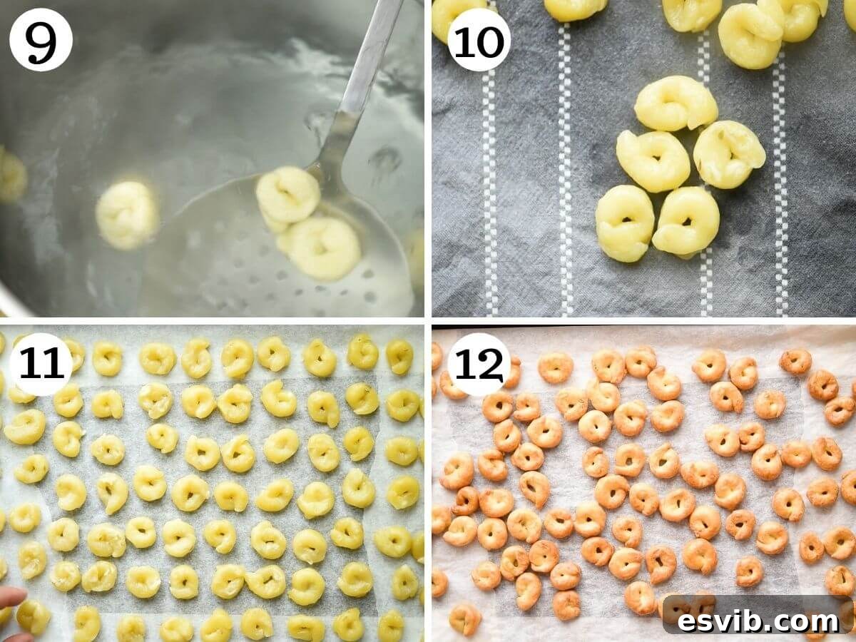 Puglian Taralli Italy's Crunchy Snack Rings 6 Step-by-step photos showing the boiling process of Taralli until they float, followed by their careful transfer to a baking sheet for the final bake