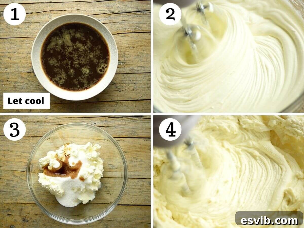 Step-by-step photos illustrating the preparation of the luscious mascarpone cream for egg-free tiramisu, showing whipped heavy cream and the smooth mascarpone mixture.