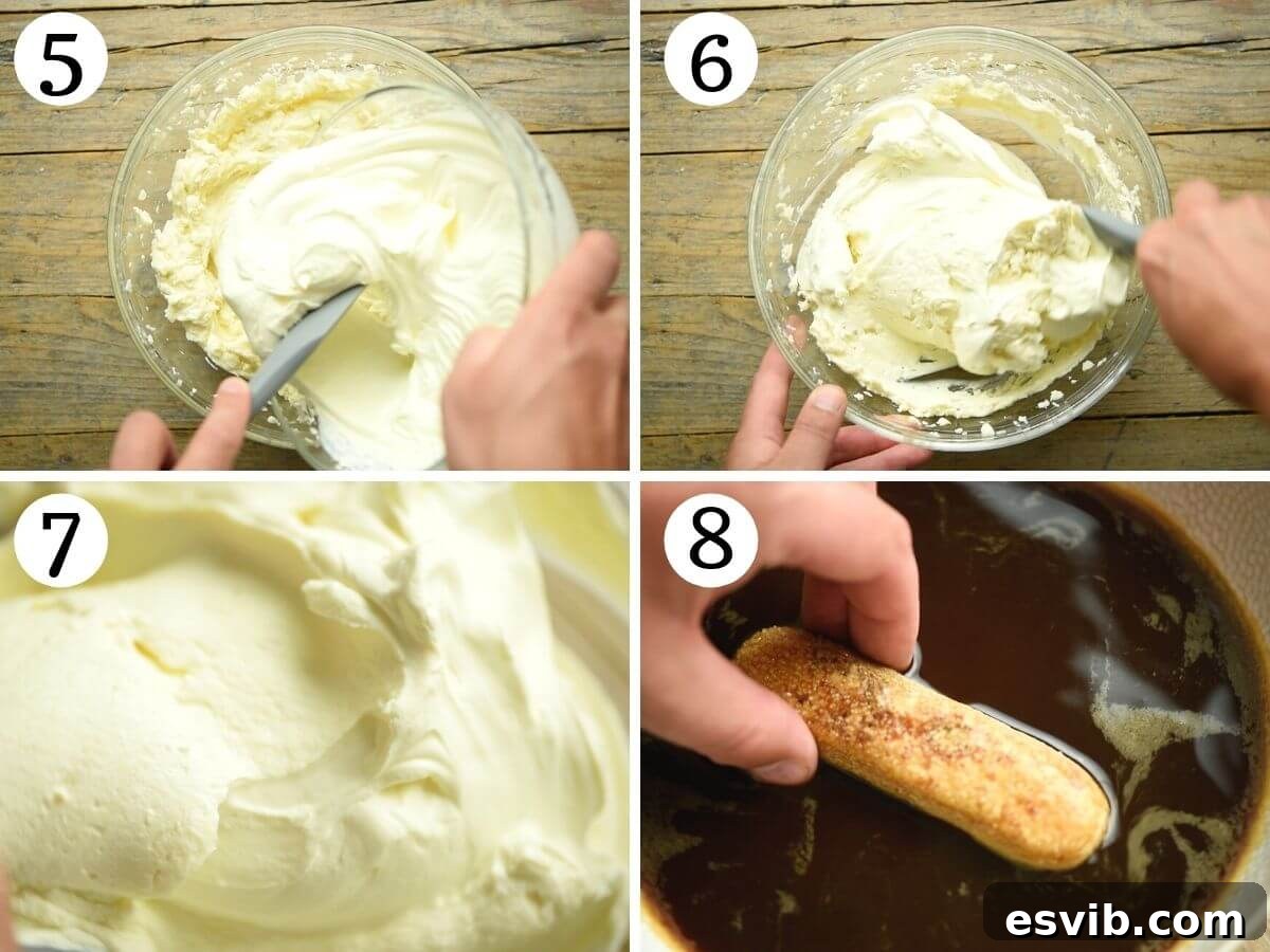 Step-by-step photos demonstrating the assembly of an egg-free tiramisu, from dipping ladyfingers to layering the creamy filling.