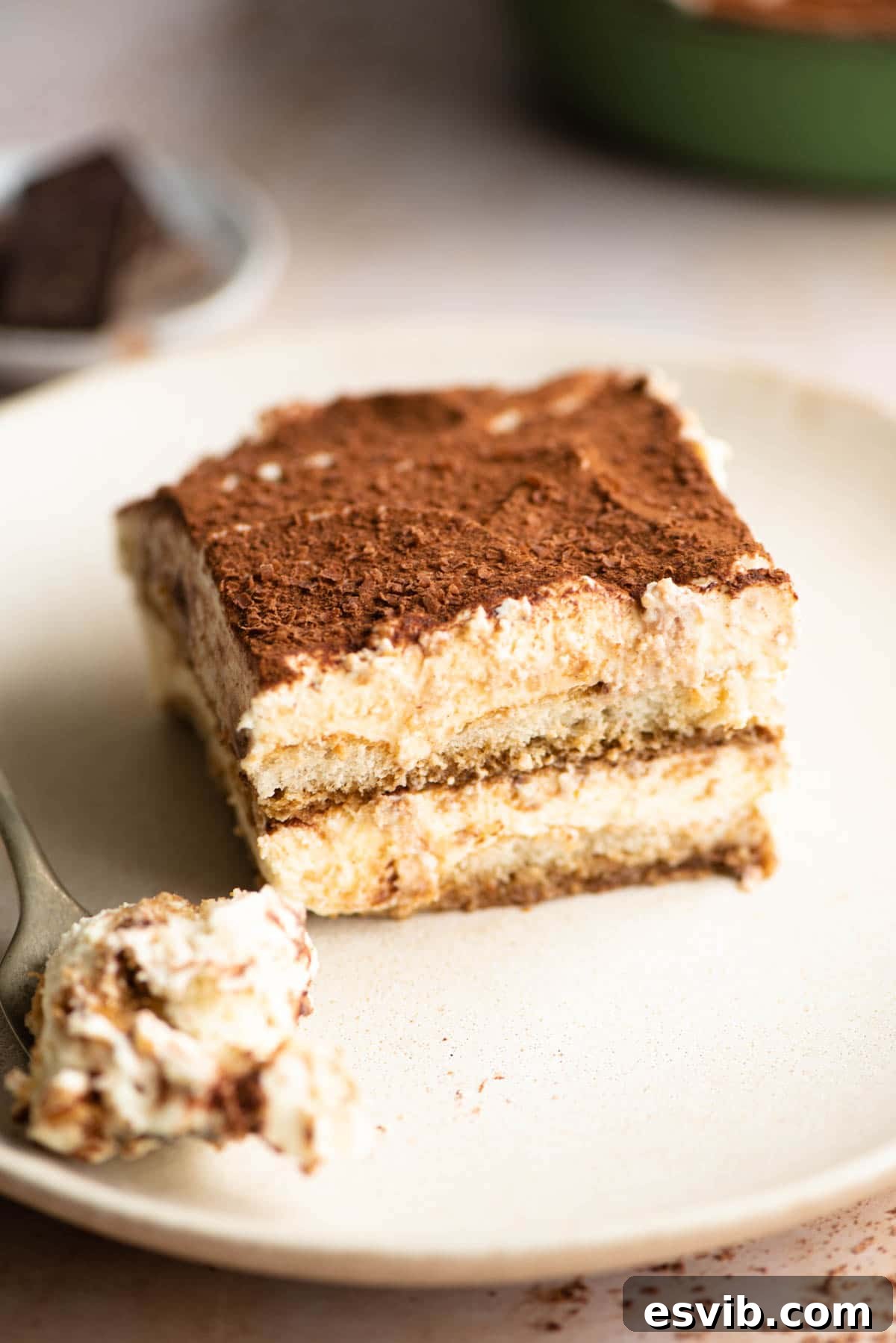 A perfectly sliced piece of Eggless Tiramisu presented on a white plate, revealing its distinct layers of cream, coffee-soaked biscuit, and cocoa dusting.