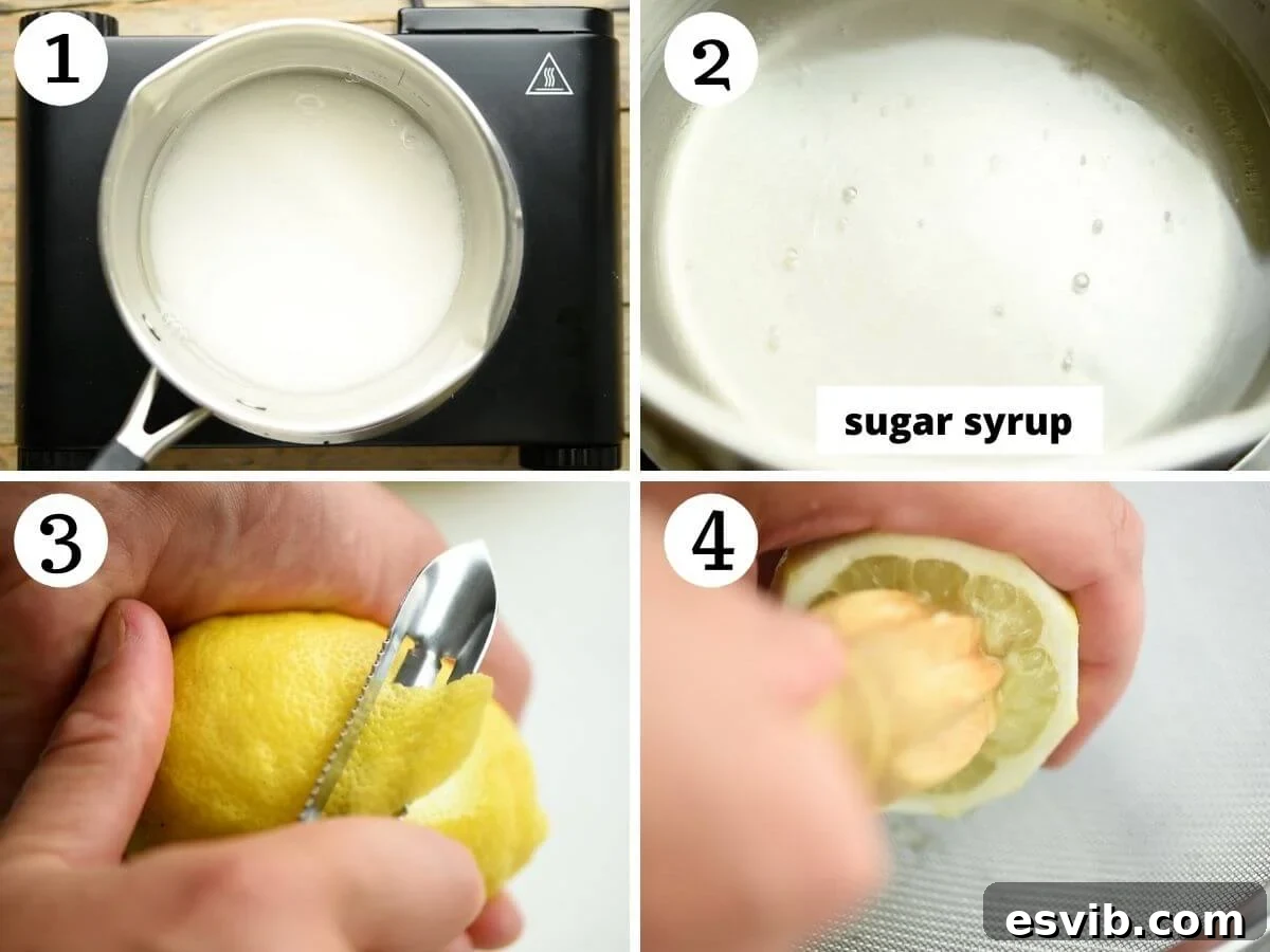 Step-by-step photos illustrating the process of making sugar syrup and meticulously preparing fresh lemons for Limoncello.