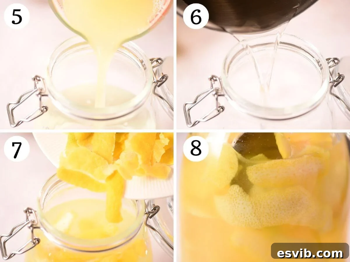 A collage of four photos detailing the stages of combining ingredients to create homemade Limoncello.