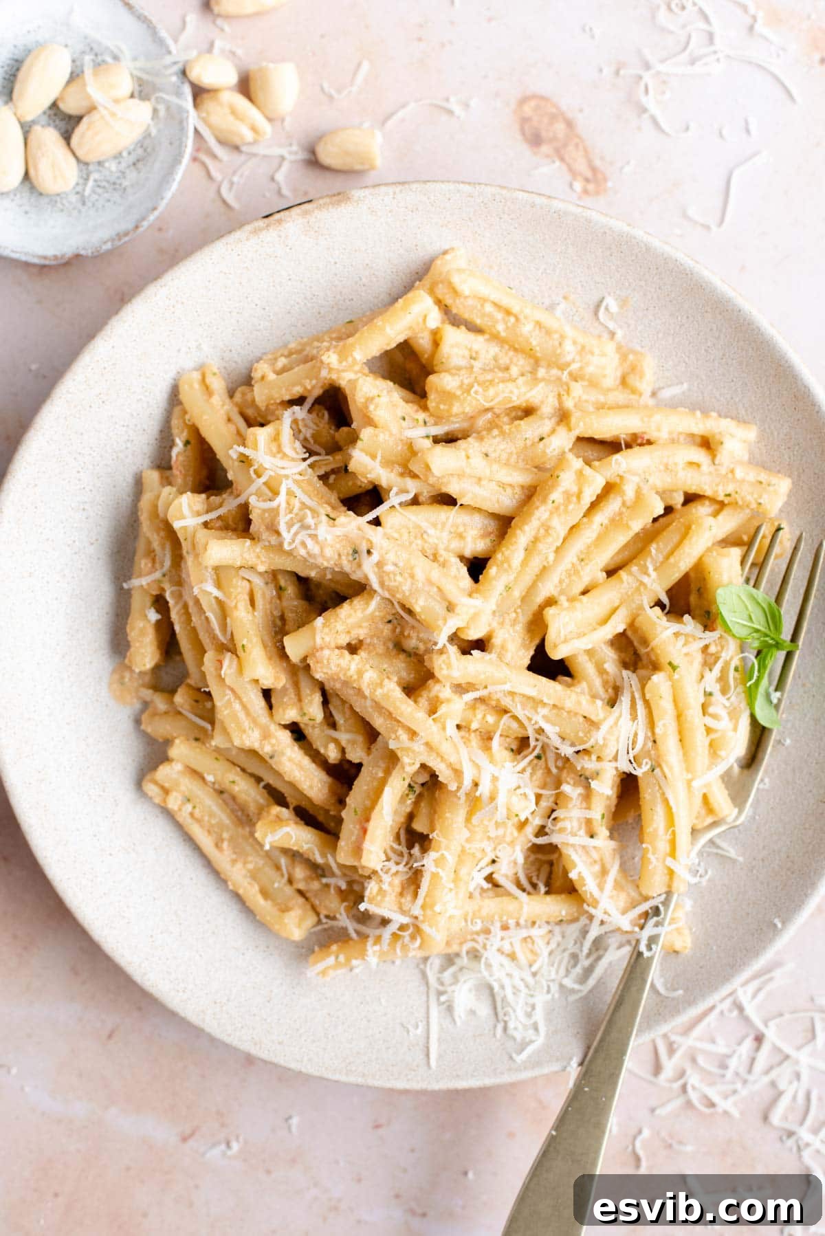 An overhead shot of pasta with pesto alla trapanese