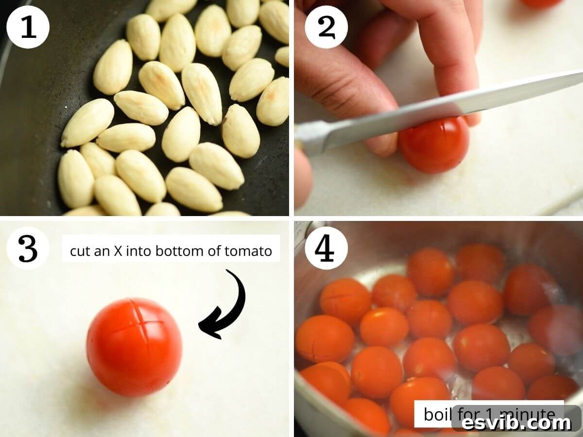 Step by step photos showing how to prepare tomatoes and almonds to make Sicilian pesto