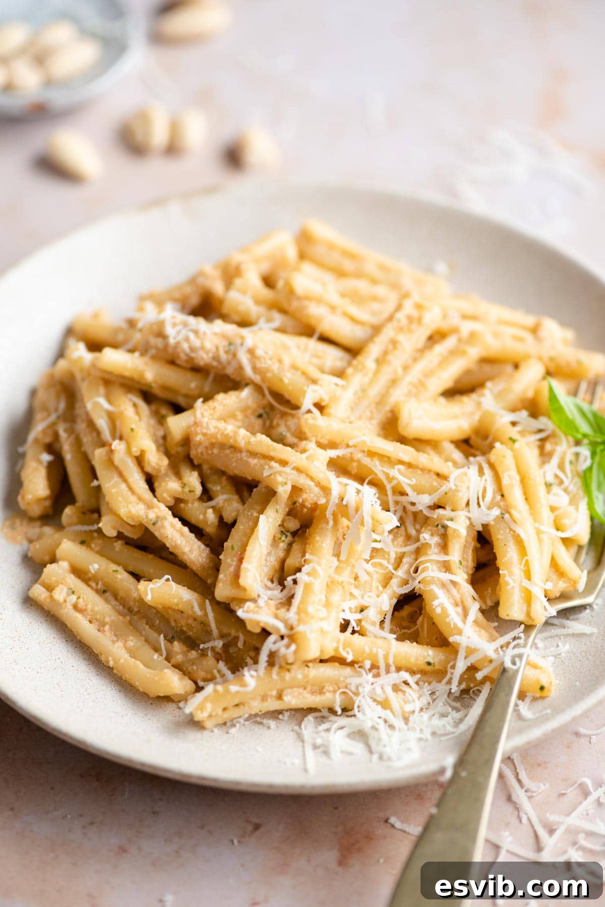 A close up of pesto alla trapanese mixed with pasta