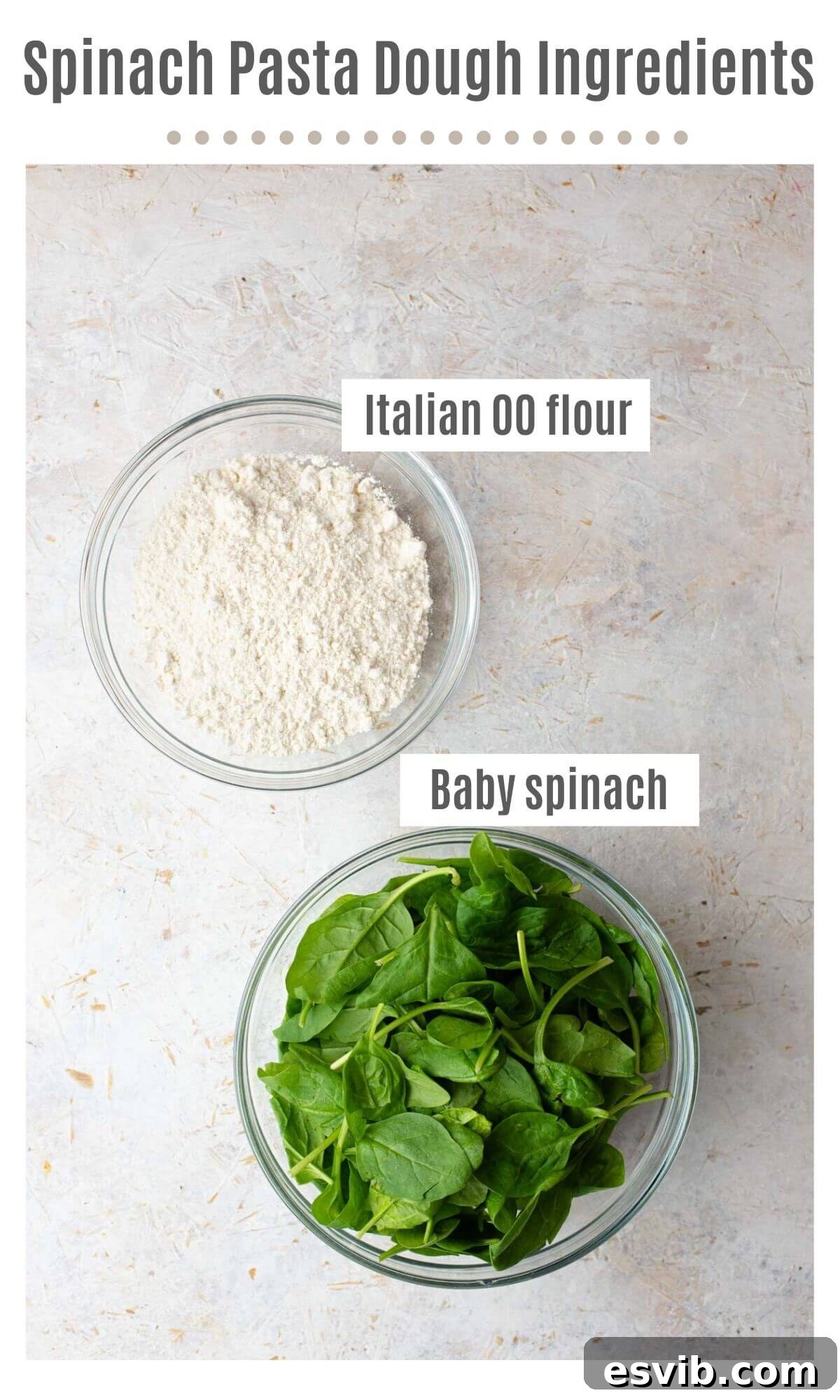 An overhead shot of all the essential ingredients laid out on a clean surface, ready to make homemade spinach pasta dough.