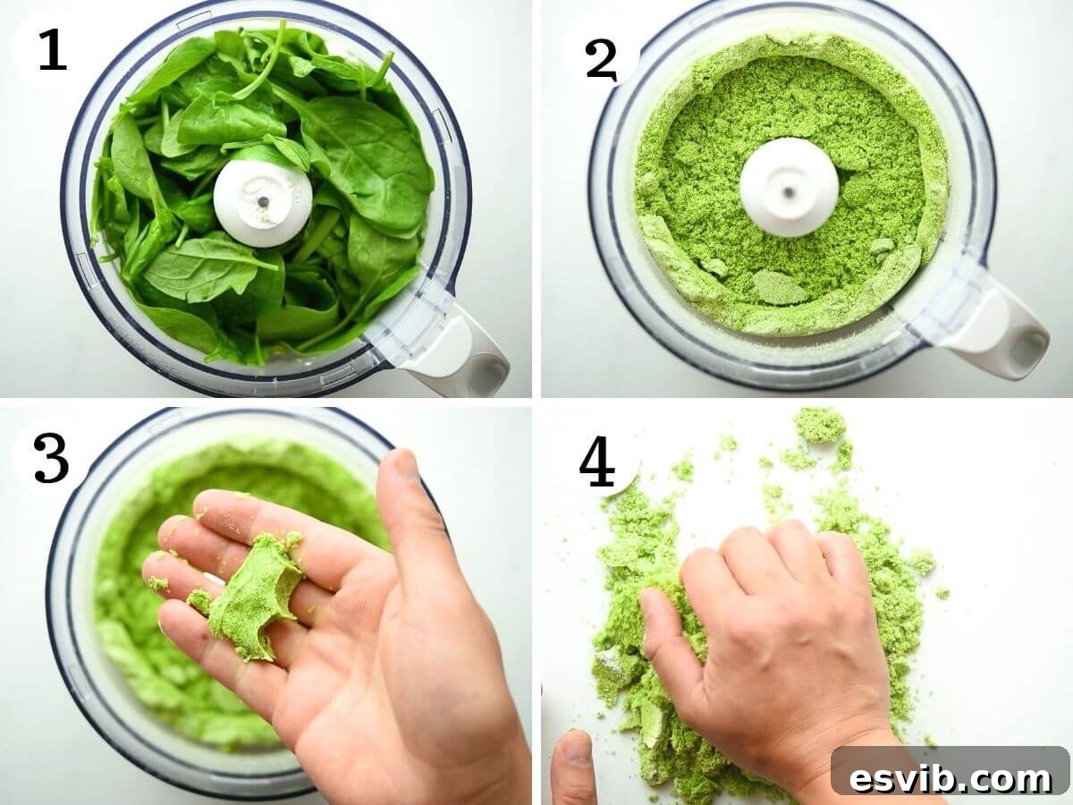 Step by step photos showing how to combine spinach and flour in a food processor, illustrating the transition from powdery ingredients to a clumping dough.
