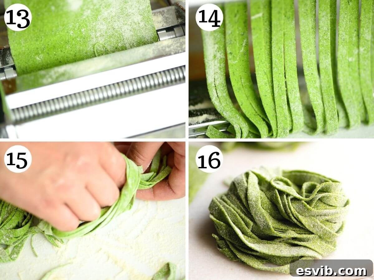 Step by step photos illustrating how to use a pasta machine attachment to cut spinach pasta sheets into perfect tagliatelle strands.