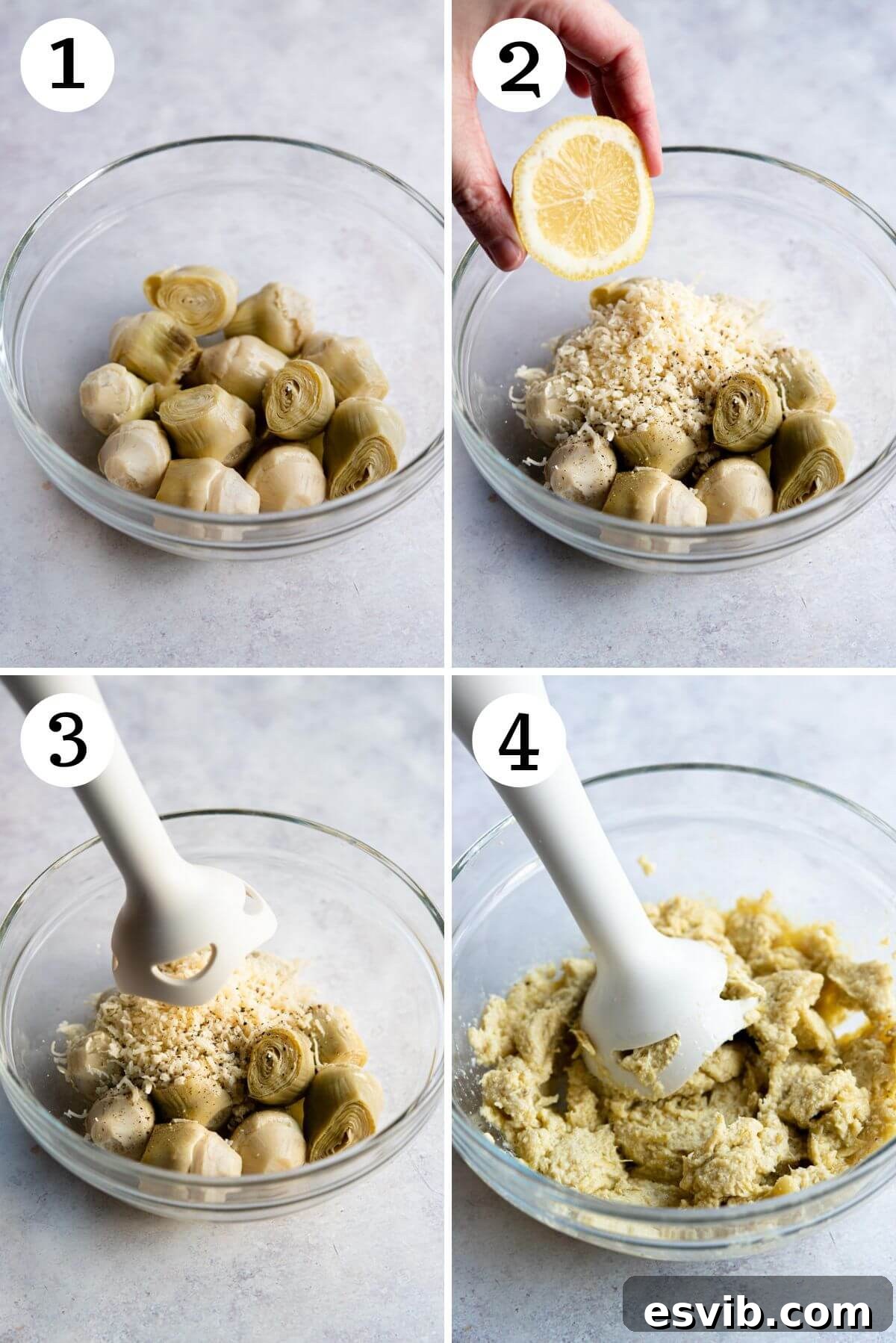 Four photos in a collage showing how to make artichoke pesto, from combining ingredients to final blending.