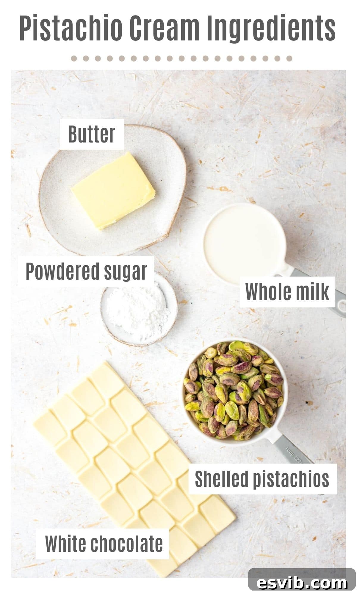 Velvety Italian Pistachio Cream 3 An overhead shot of all the ingredients needed to make Italian Pistachio cream, neatly arranged on a counter.