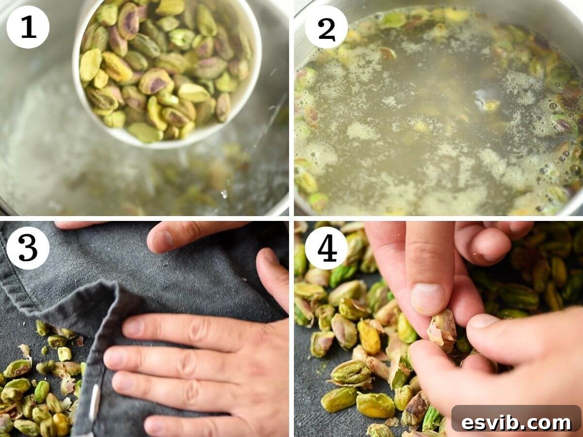 Velvety Italian Pistachio Cream 4 Step by step photos showing how to prepare pistachios and remove their skins efficiently.