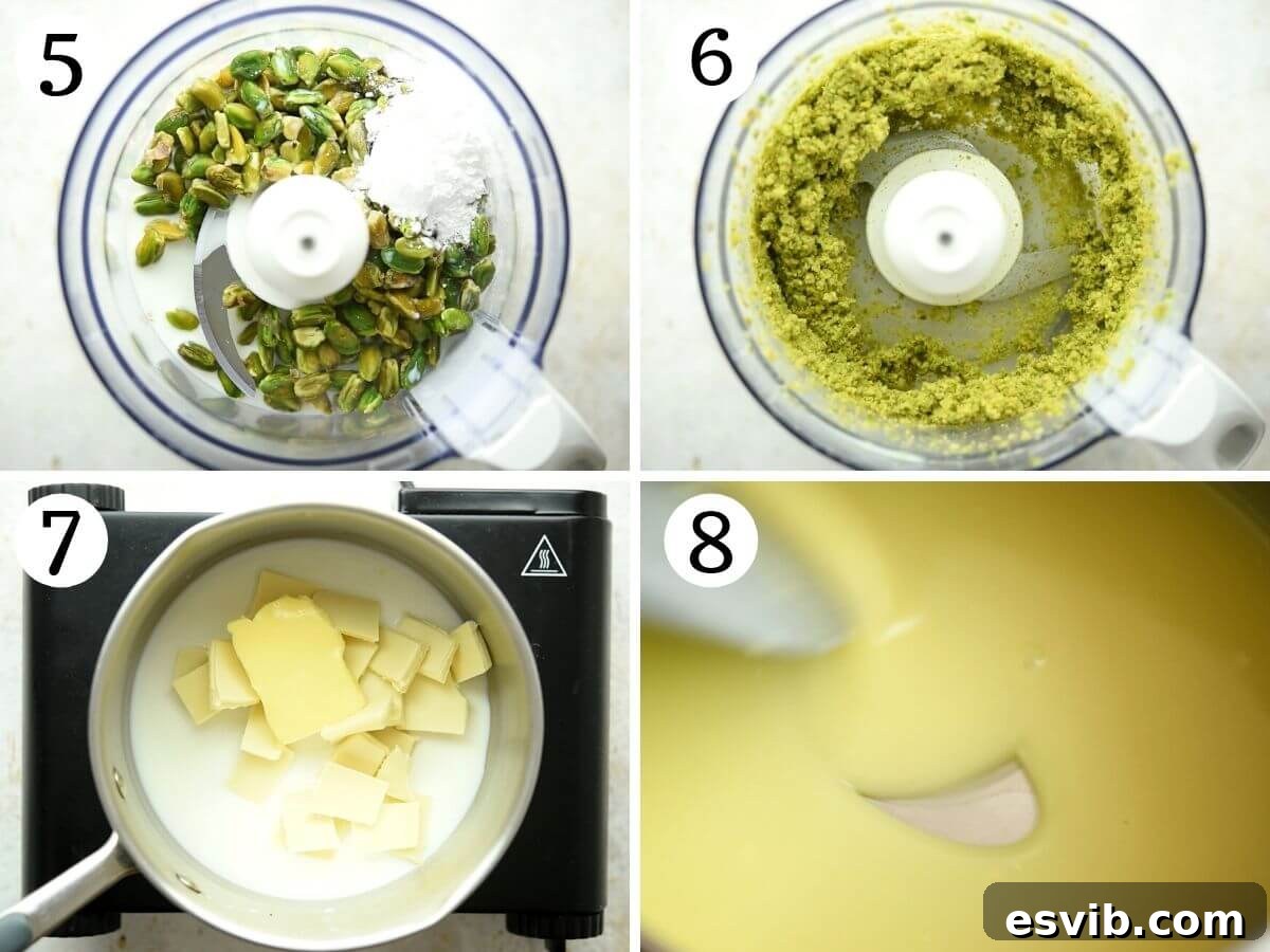 Velvety Italian Pistachio Cream 5 Step by step photos illustrating the process of blending pistachios into a creamy paste for the homemade pistachio cream.
