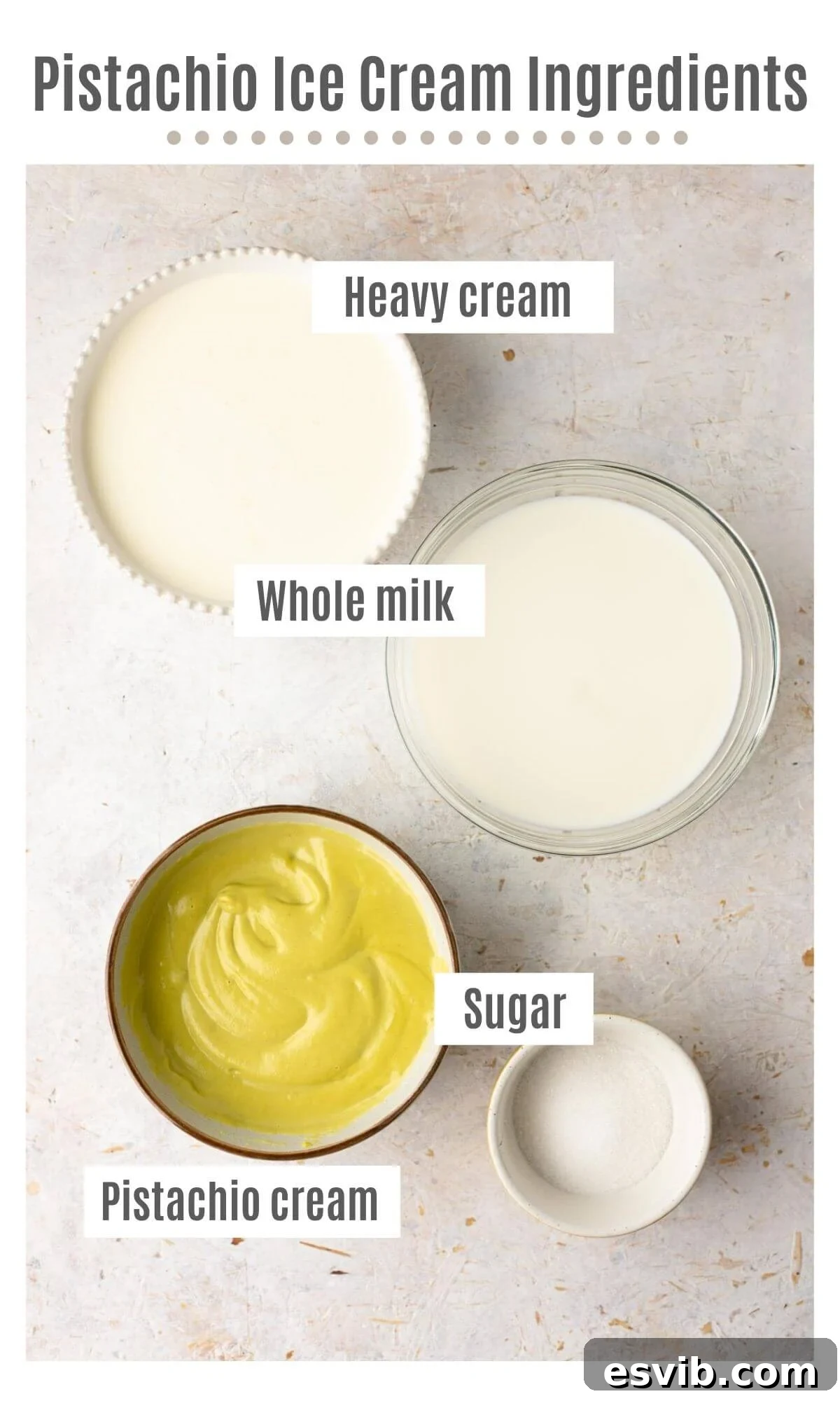 An overhead shot of all the essential ingredients laid out for making pistachio ice cream: a jar of pistachio cream, cartons of whole milk and heavy cream, and a bowl of sugar.