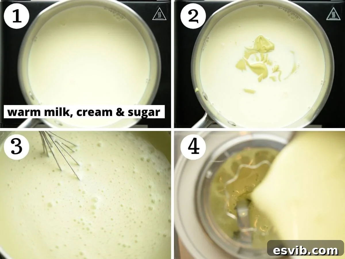 Step by step photos showing how to combine milk, cream, and sugar, then whisk in pistachio cream for the ice cream base.