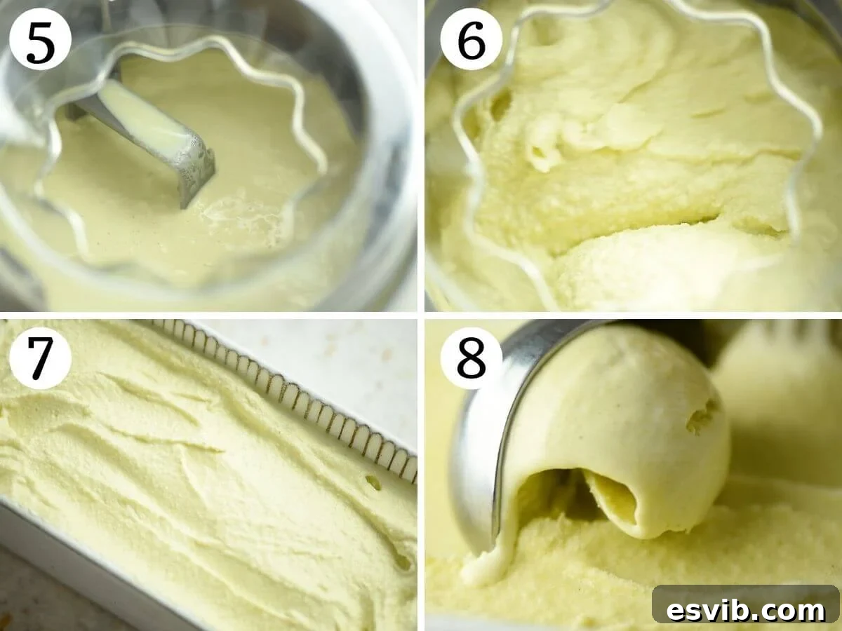 Step by step photos showing how to churn the pistachio ice cream mixture until it becomes thick and creamy.
