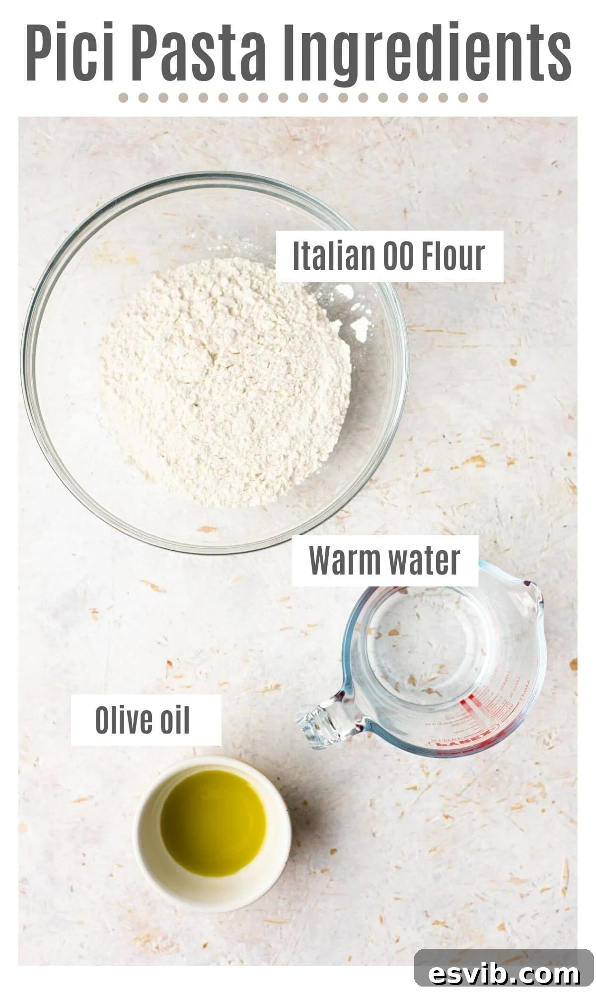 Pici Perfection: Crafting Hand-Rolled Pasta 3 An overhead shot displaying all the simple ingredients required to make traditional Pici pasta: flour, warm water, and olive oil.
