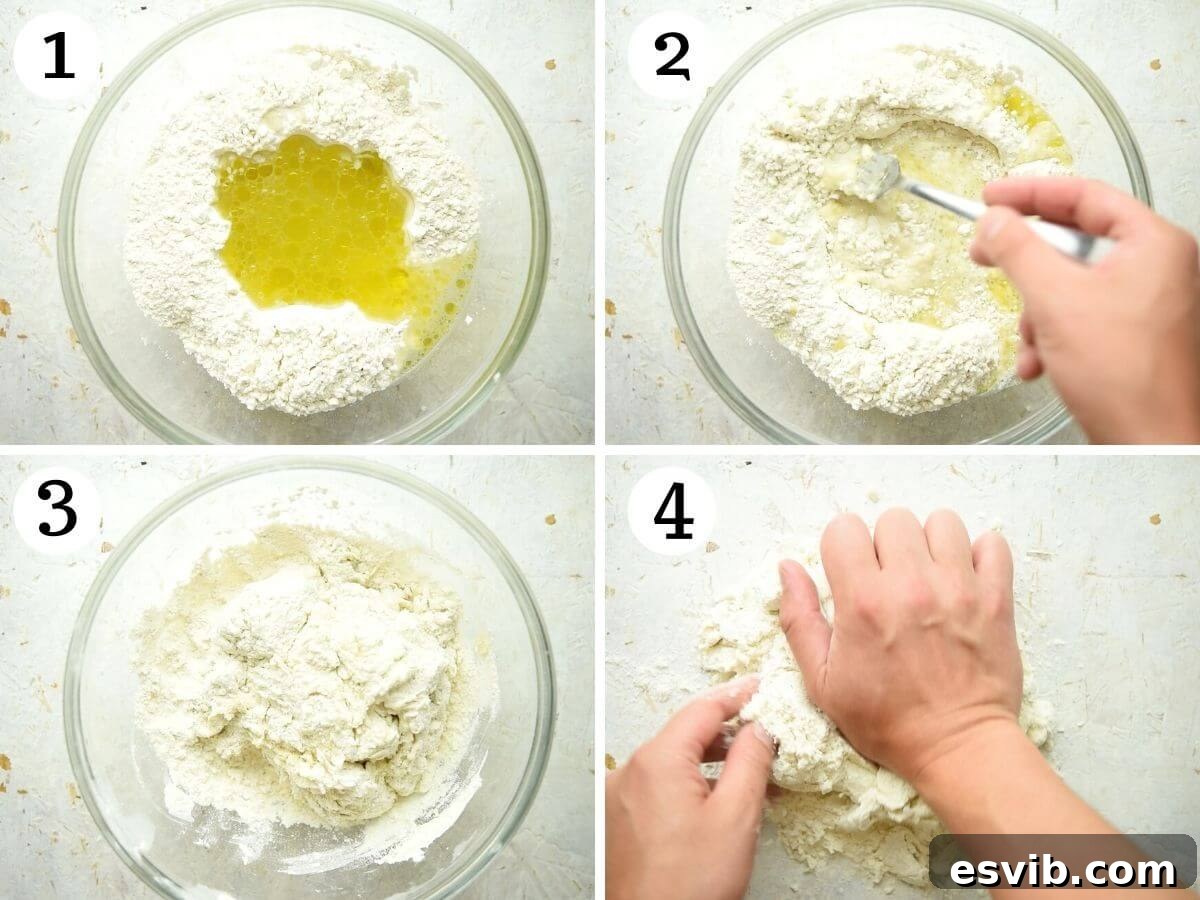 Pici Perfection: Crafting Hand-Rolled Pasta 4 Step by step photos showing how to combine flour, water, and olive oil to make the initial pici pasta dough.