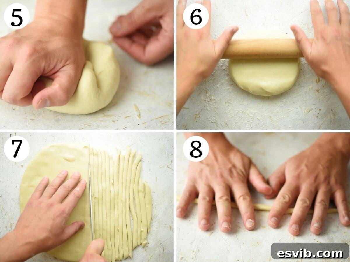 Pici Perfection: Crafting Hand-Rolled Pasta 5 Step by step photos showing how to roll out and cut the pici pasta dough into strips before hand-rolling.