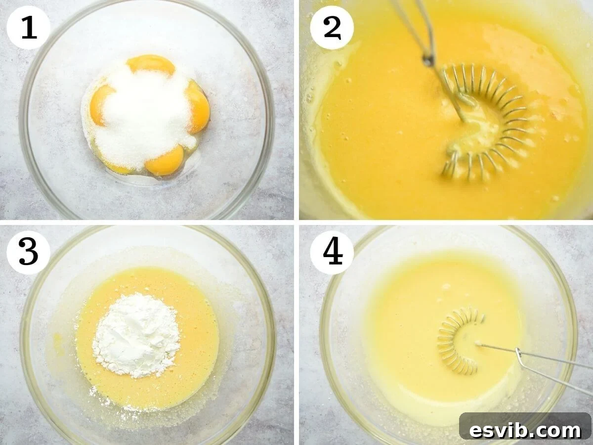 Step-by-step photos illustrating the precise technique for combining egg yolks, sugar, and cornstarch into a smooth, lump-free mixture, ready for tempering.