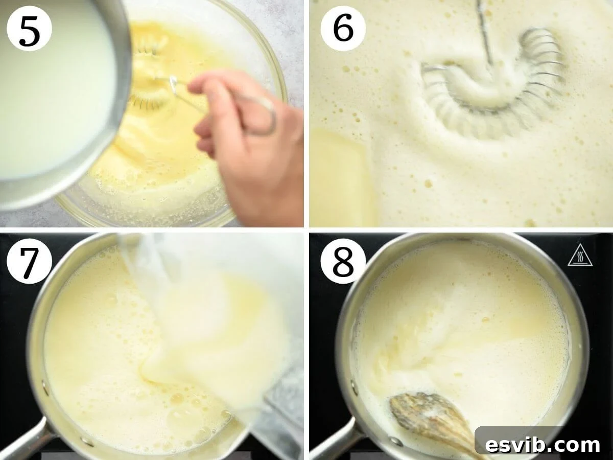 Step-by-step photos demonstrating the critical process of tempering egg yolks with warm milk, ensuring a smooth and lump-free custard base.