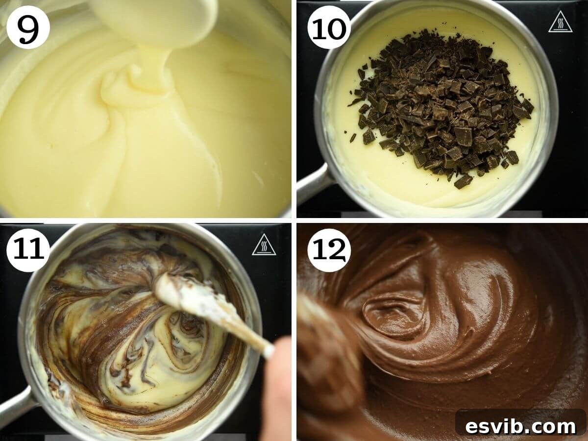 Step-by-step photos depicting the cooking process of Chocolate Pastry Cream, showing how to stir continuously until it reaches a thick, velvety consistency.
