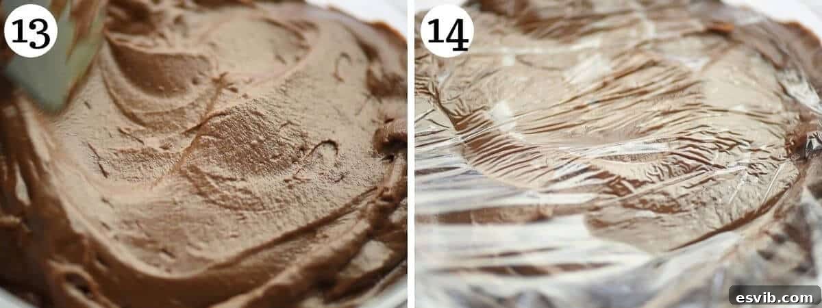 Two sequential photos demonstrating the correct way to store chocolate pastry cream: transferring it to a clean bowl and covering it with plastic wrap directly on the surface to prevent a skin from forming.