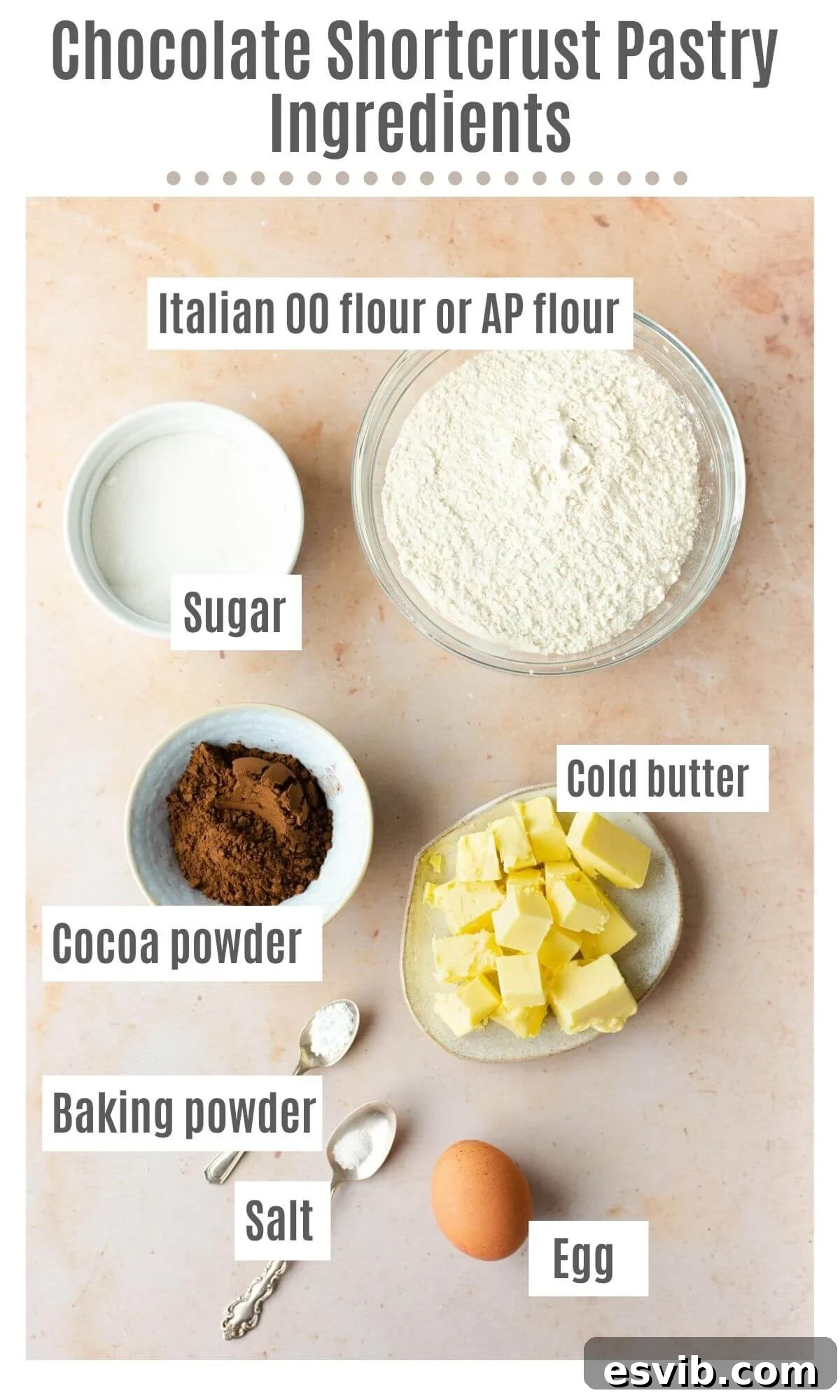 An overhead shot of all the dry and wet ingredients laid out neatly for making chocolate shortcrust pastry