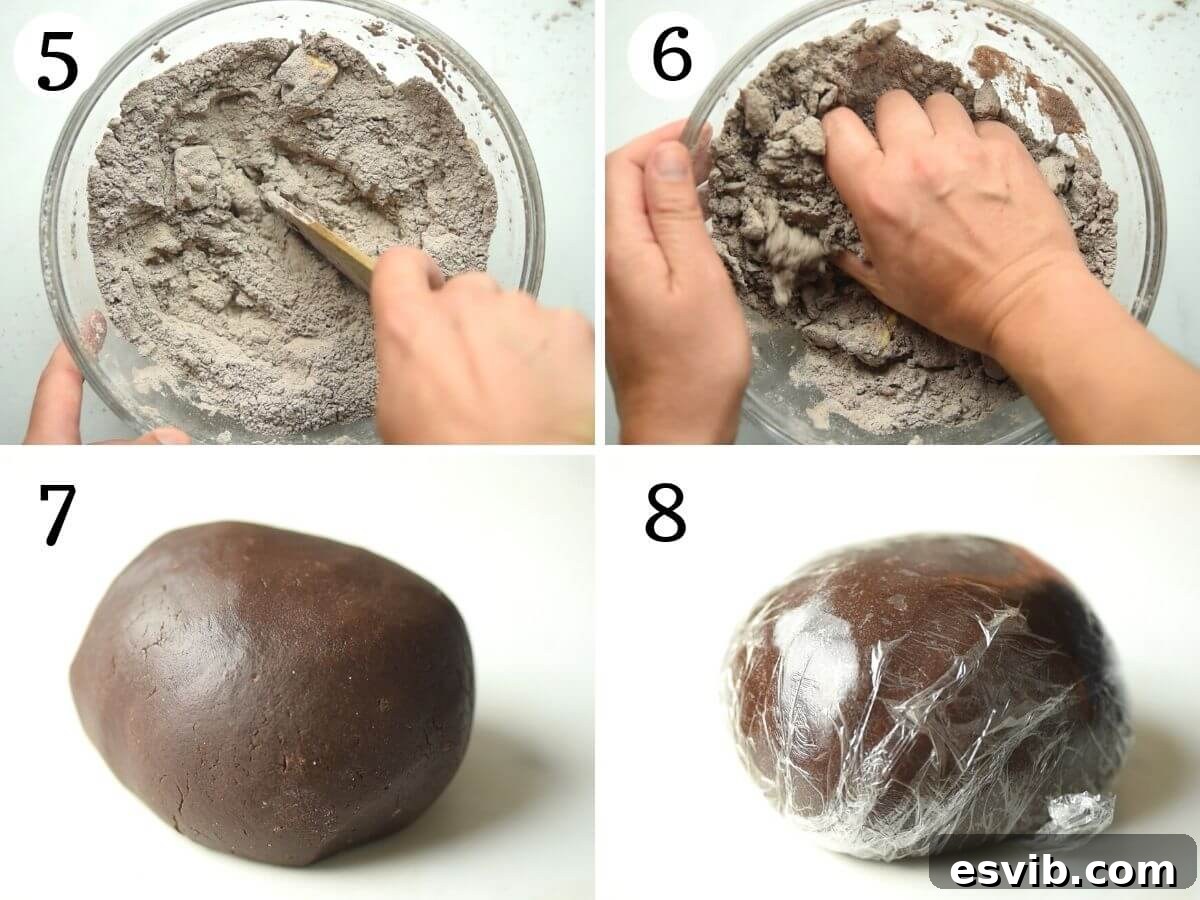 Step by step photos showing how to bring the chocolate pastry together into a smooth ball and then wrap it for chilling