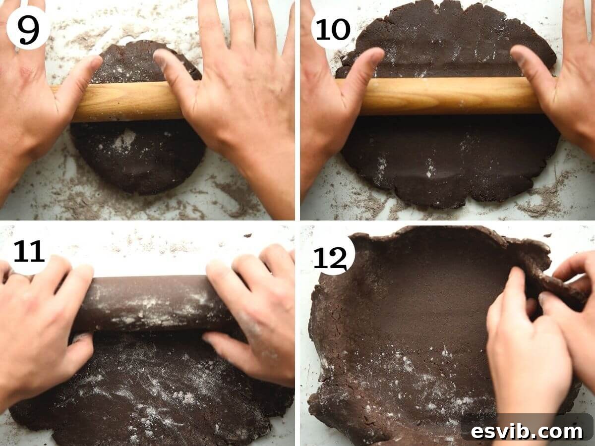 Step by step photos showing how to roll out chocolate shortcrust pastry and carefully place it into a tart pan
