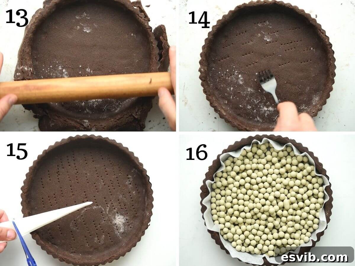 Step by step photos showing how to blind bake a chocolate pie crust, including lining with parchment and adding weights