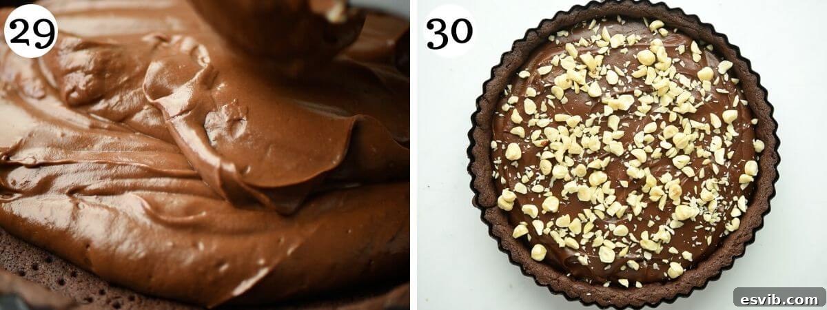 Two photos showing how to fill and top a chocolate tart with hazelnuts