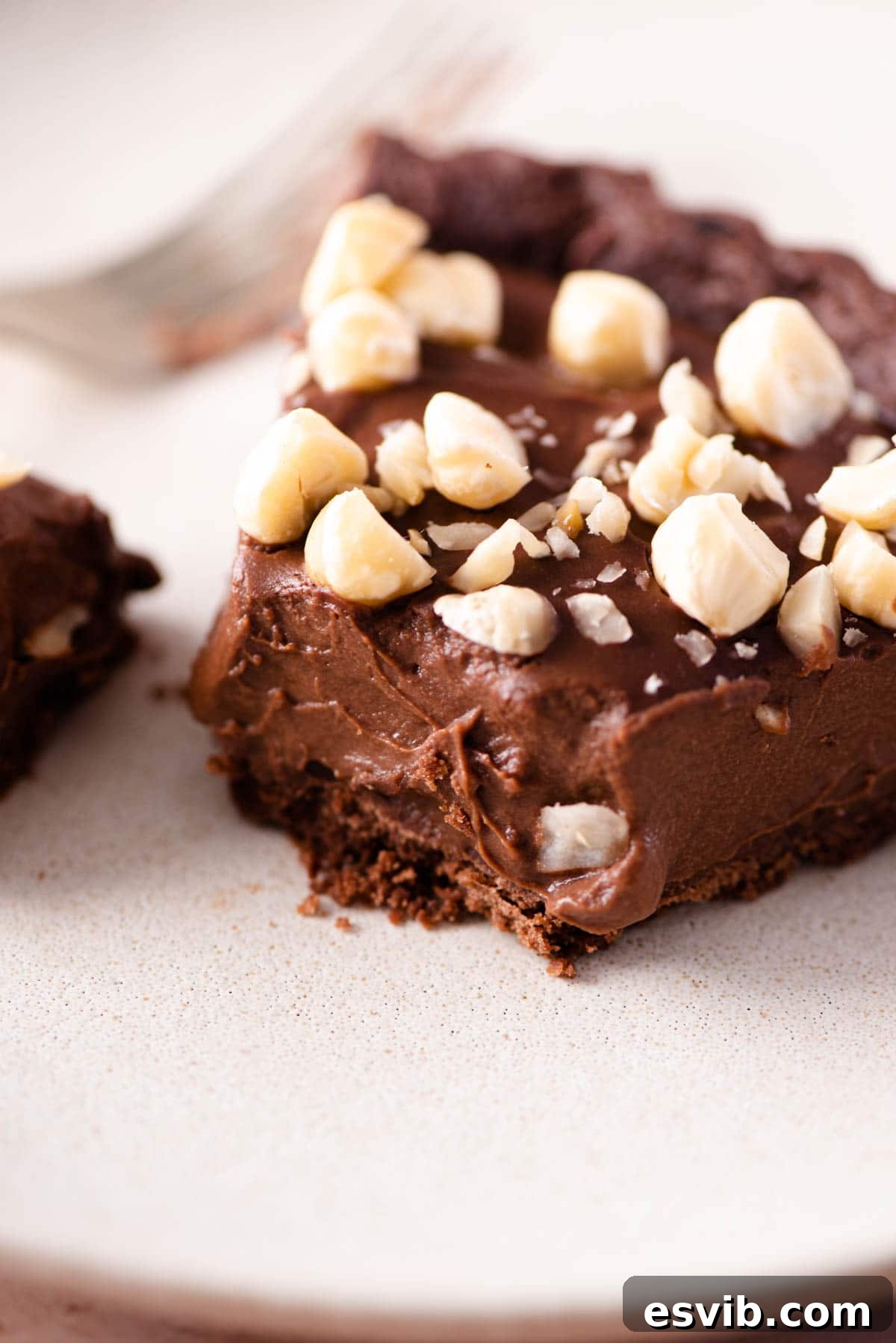 A close up of a slice of chocolate tart on a plate topped with hazelnuts