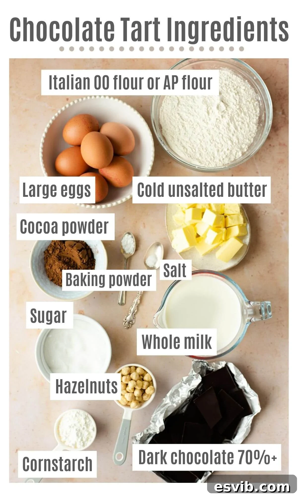 An overhead shot of all the ingredients you need to make a chocolate tart with hazelnuts